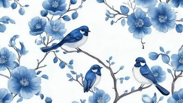 Blue and white floral pattern with three birds sitting on a branch. 4K Video