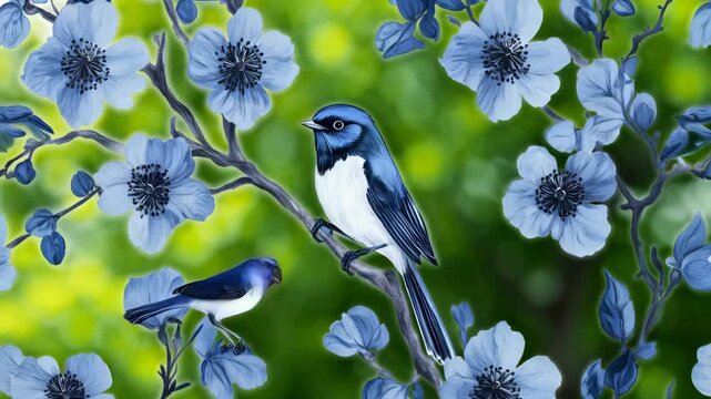 Blue and white bird is perched on a branch of a tree with blue flowers. 4K Video