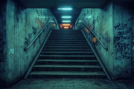 Staircase leading to underground tunnel illuminated by stark neon lights in an urban setting. Generative AI