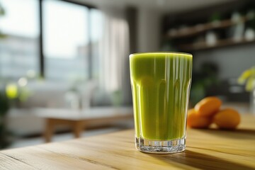 Fresh green smoothie served in a glass on wooden table with cozy indoor setting and natural light. Generative AI