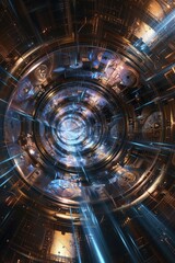 Fototapeta premium Cyberpunk Kaleidoscopic Time Tunnel, Infinite Mirror Effect with Clock Fragments, Liquid Metal Textures, Temporal Distortion