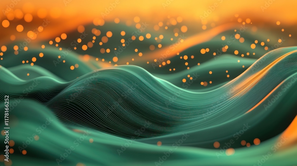 Poster visual representation of abstract waves with glowing particles during a vibrant sunset. generative a