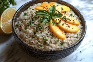 Bowl of brown rice garnished with sliced peaches, basil, and pepper.