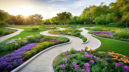 Fototapeta premium A vibrant flower garden filled with colorful blooms, lush greenery, and winding stone paths. A serene setting showcasing natureâ€™s beauty in every corner.