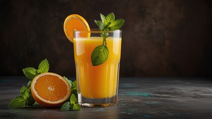 Orange juice with mint on wooden table