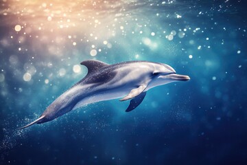 A dolphin swims through the ocean with bubbles rising from its blowhole