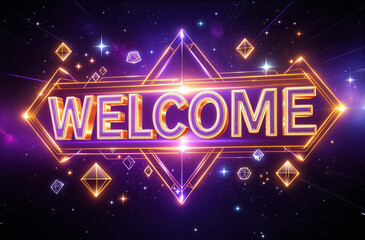 Naklejka premium Futuristic Holographic 3D Welcome Sign with Geometric Shapes and Cosmic Background