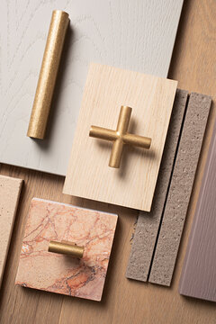flatlay of samples for architectural design elements and moodboard