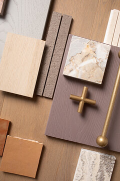 flatlay of samples for architectural design elements and moodboard