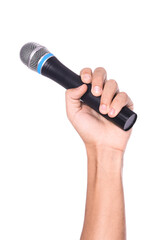 Man with microphone isolated on white, closeup