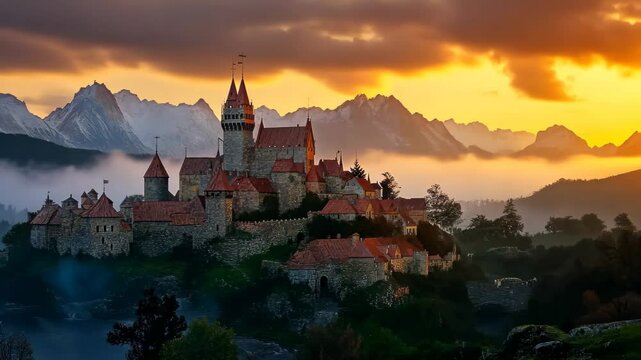 Medieval village illuminated by sunset with castle and mountains in the background, Fantasy medieval village with castle at sunset ing background