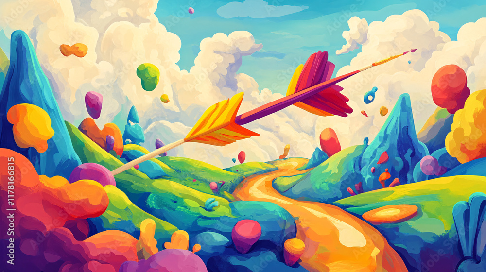 Poster a cartoonish arrow soaring through a colorful landscape, playfully dodging obstacles, representing a