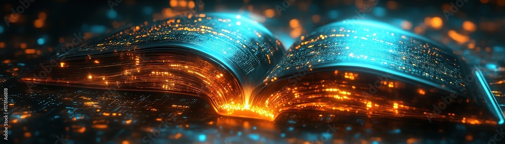 Poster illuminated open book digital realm visual art abstract environment close-up perspective knowledge a