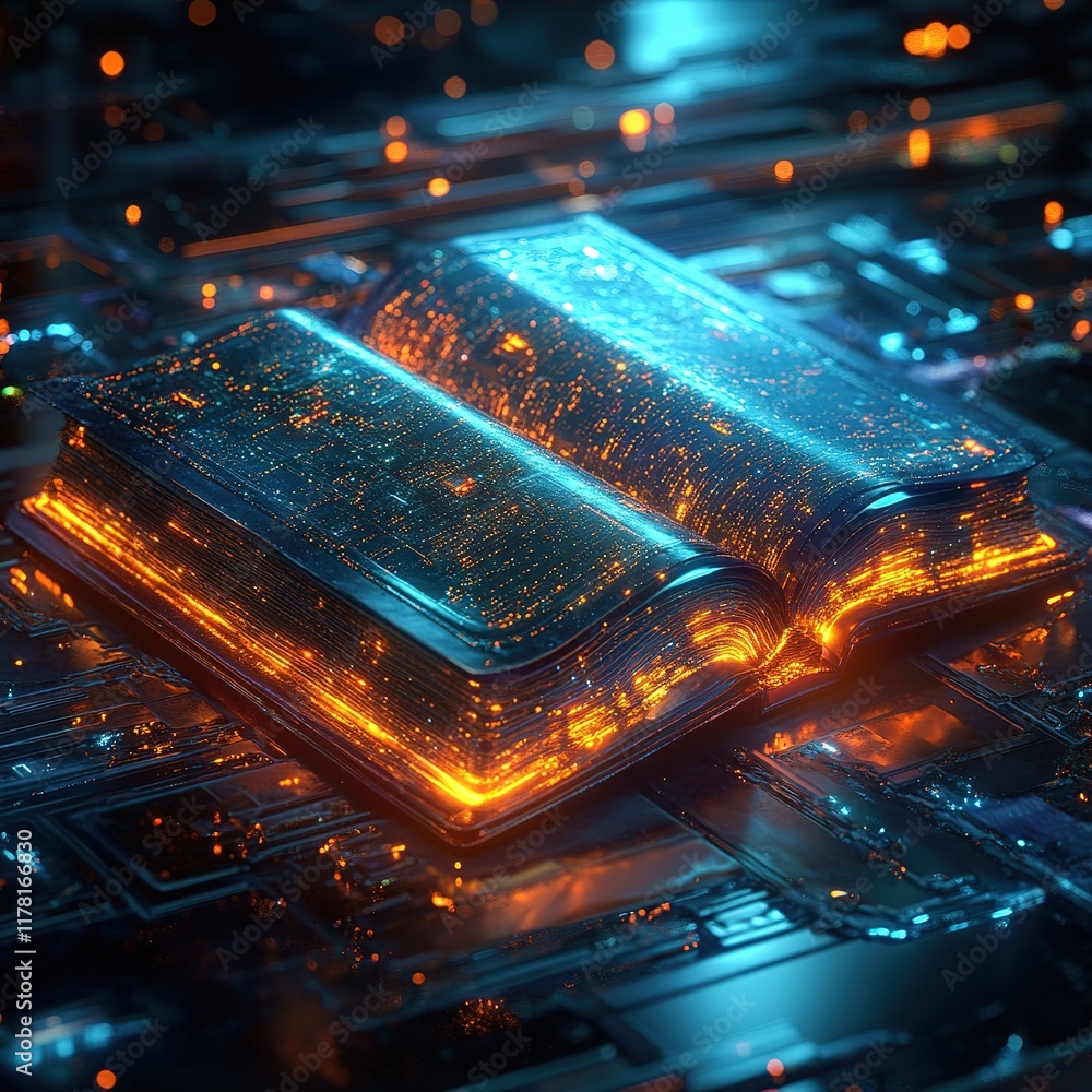 Poster illuminated book displaying digital knowledge virtual library digital art futuristic close-up view i