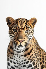 Obraz premium A close-up shot of a leopard's face on a white background, perfect for wildlife or nature-themed designs