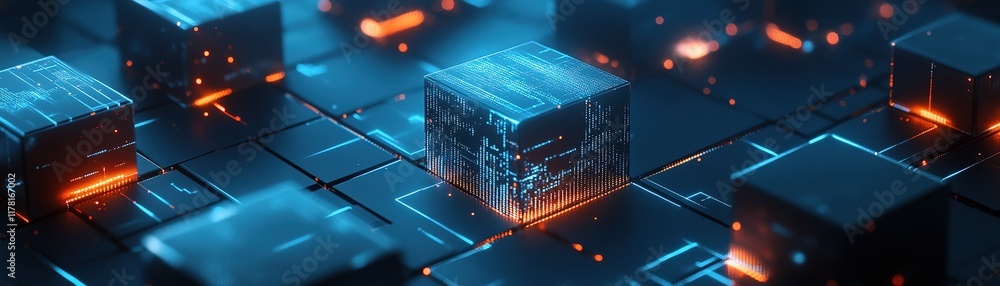 Poster digital data blocks processing futuristic cyber environment technology visualization neon glow abstr