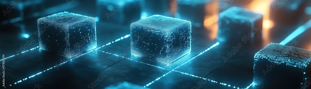 Poster data processing event with digital cubes in a futuristic environment focused on technology and innov