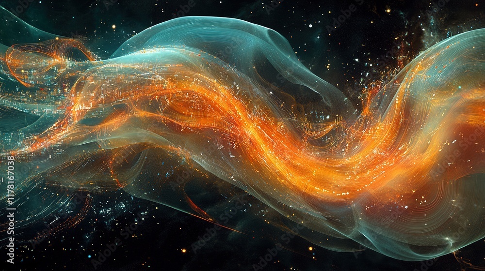 Poster dynamic energy flow abstract universe digital art cosmic environment wide angle view visual explorat