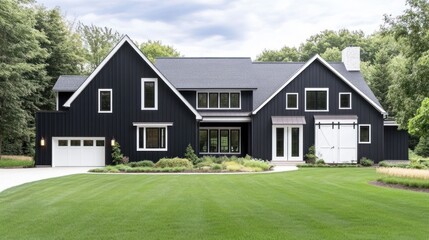 Obraz premium Modern black house with a landscaped yard and trees.