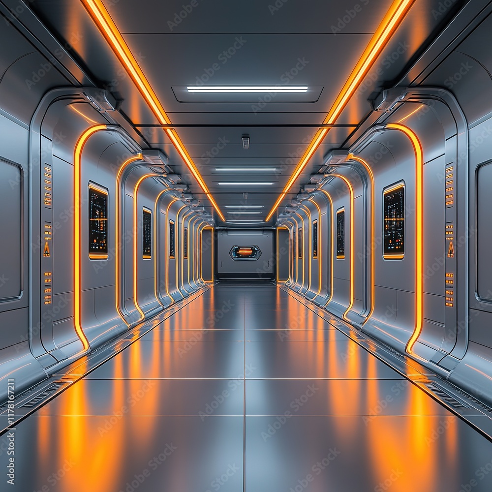 Poster exploring futuristic corridor design sci-fi setting digital artwork high-tech environment wide angle