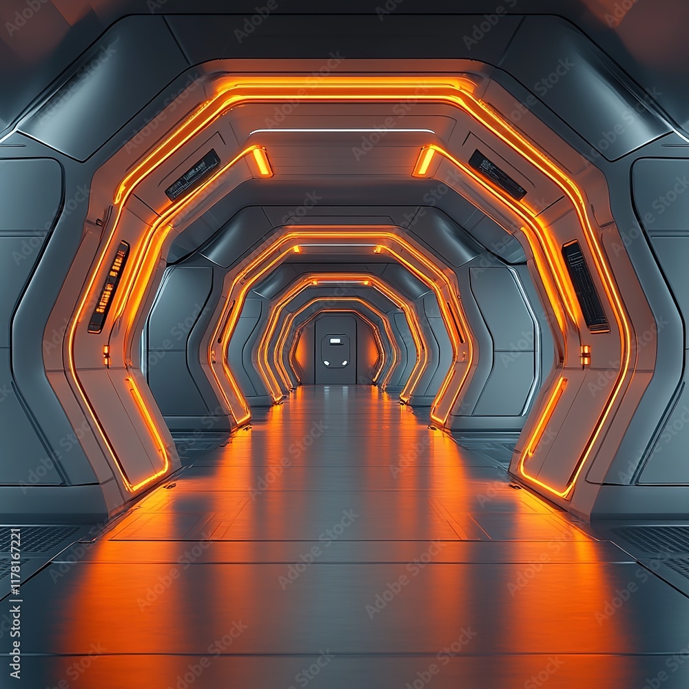 Poster futuristic corridor design sci-fi setting digital art neon environment perspective on modern archite