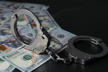 Corruption. Handcuffs and dollar banknotes on black table, closeup