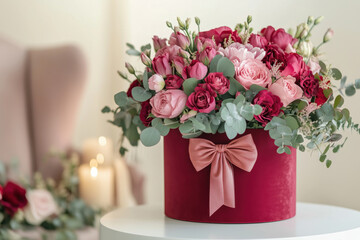 Obraz premium Bouquet of red and pink roses in a red round box with bow