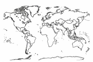 Fototapeta premium Outline of a world map in black line art showcasing continents and oceans ideal for educational and decorative purposes across various settings