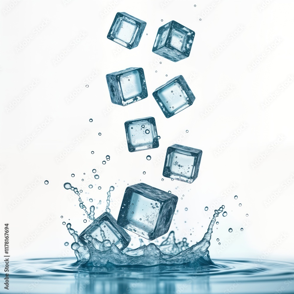 Poster Ice cubes fall into water creating splashes. Transparent ice cubes in light blue color. High quality isolated image. Freshness, cold central themes. Cool refreshing drink concept. Image suitable for