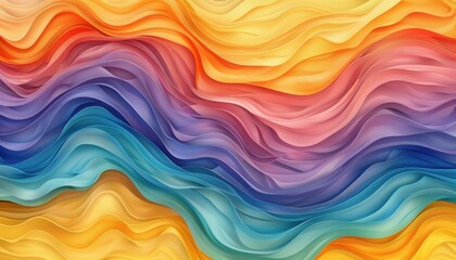Obraz premium Rainbow Wave Abstract, Layered rainbow gradient in soft and bright hues creates abstract wavy patterns resembling colorful clouds.