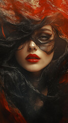 Beautiful black lady model dressed in red dress and a silky material flowing around her, red lips