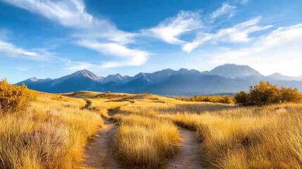 The Denver foothills leading into the Rockies, with golden grasses, scattered shrubs, and hiking trails weaving through the terrain.