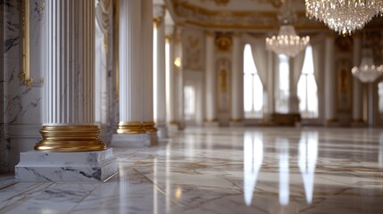 Naklejka premium A luxurious interior with marble floor, columns, and chandeliers