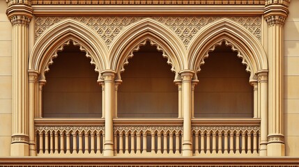 Obraz premium Triple arched gothic balcony with intricate stonework.
