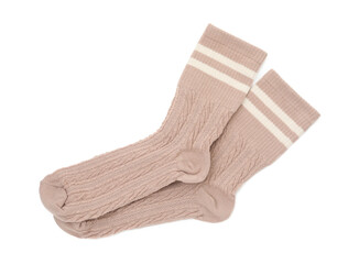 Pair of soft socks isolated on white, top view
