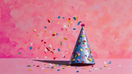 Blue party hat with confetti on pink background.