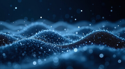 Abstract Digital Landscape with Blue Particle Waves and Bokeh Lights in Dark Background.