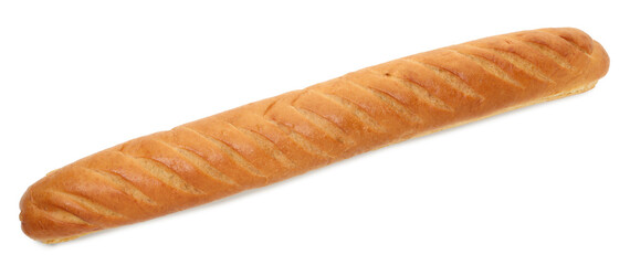 One freshly baked baguette isolated on white, top view