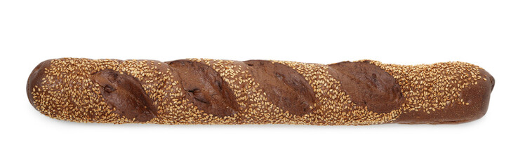 One fresh baguette with sesame isolated on white, top view