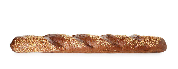 One fresh baguette with sesame isolated on white