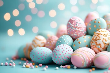 Fototapeta premium A group of beautifully decorated Easter eggs in pastel colors rests on a soft blue surface. Sparkling bokeh lights create a festive atmosphere, enhancing the cheerful display