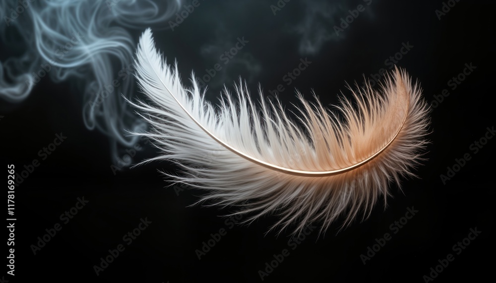 Poster elegant feather floats in smoke on black backdrop. delicate texture, soft light create luxurious des