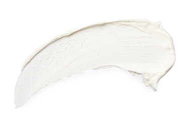 Cream isolated on white, top view. Sample of cosmetic product