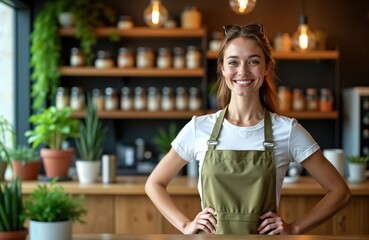 Friendly female owner stands confidently in local eco-friendly store. Wears green apron, smiles warmly. Store bright, airy with plants. Seems to small business owner. Ready to welcome customers.