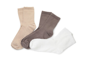 Pairs of soft socks isolated on white, top view