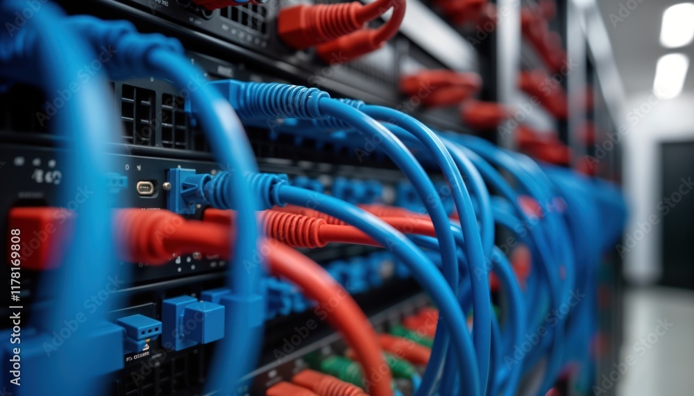 Poster Close-up view of server rack with many blue, red internet patch cords connected to black patch panel. Tech equipment network wiring dense. Data center communications concept. Modern internet