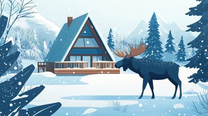 Moose near snowy A-frame cabin, winter mountains