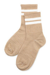 Pair of soft socks isolated on white, top view