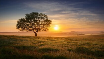 Obraz premium serene landscape with a solitary tree at sunrise