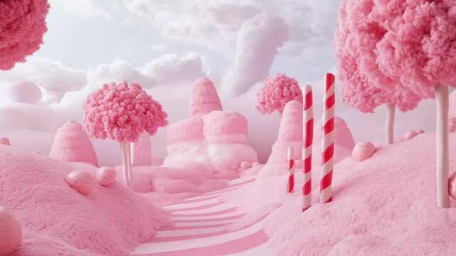 Pink and white landscape with pink trees and pink candy. 4K Video